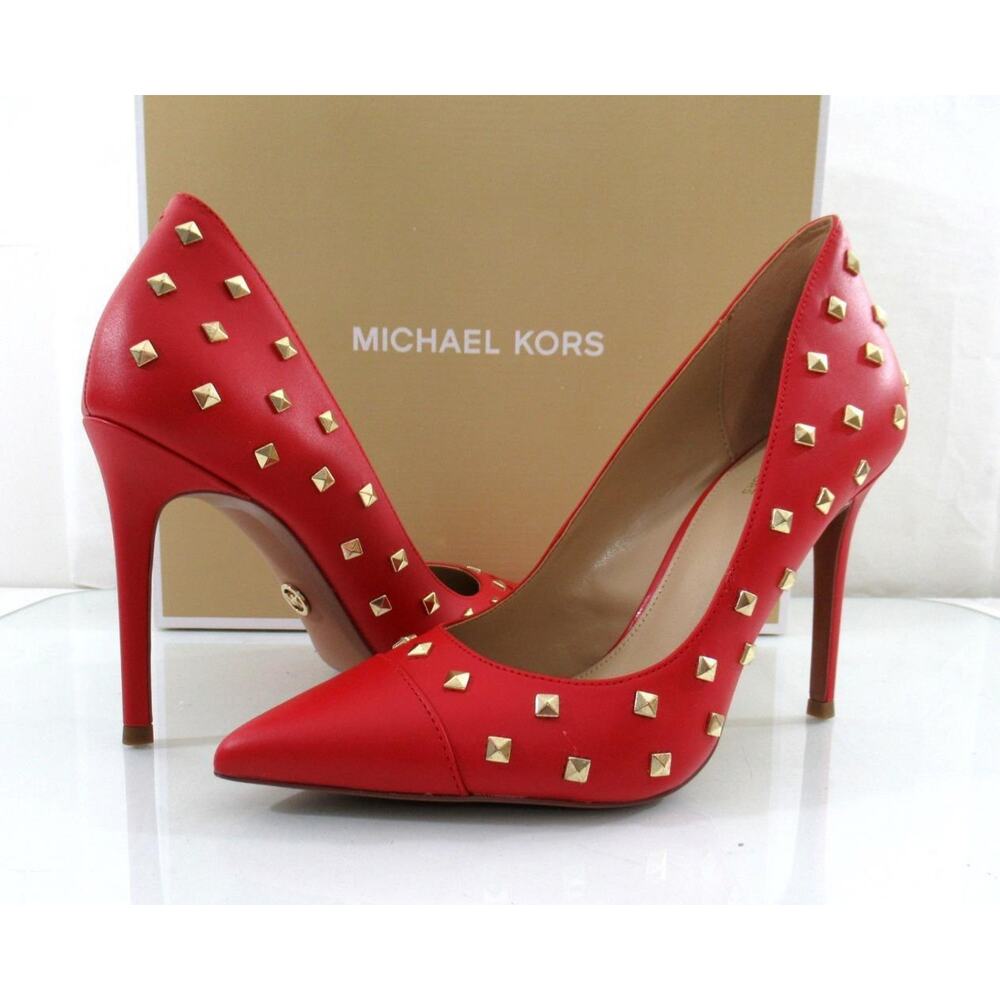Michael Kors Keke Toe Cap Pump Pointy Pyramid Studs Leather Crimson Red - Picture 4 of 10